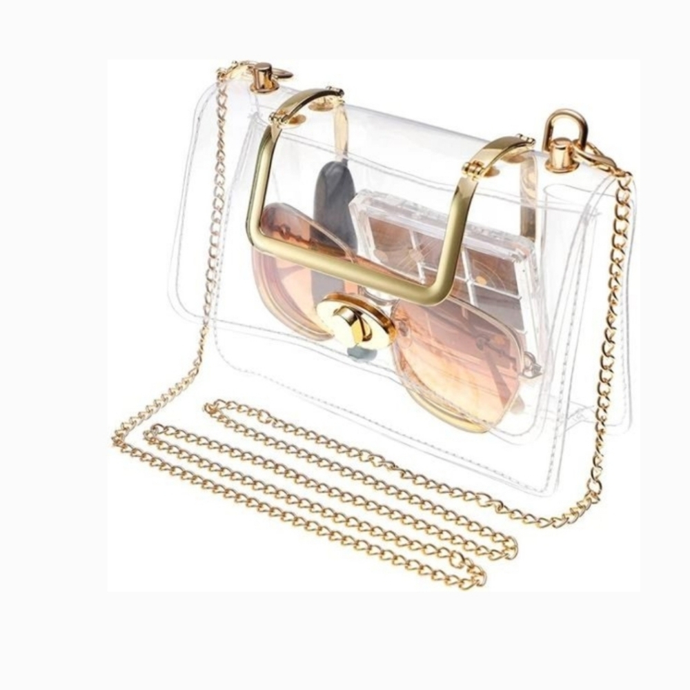Clear Acrylic Box Clutchβ Crossbody Gold Chain Luxe Transparent Stadium Bag Chic